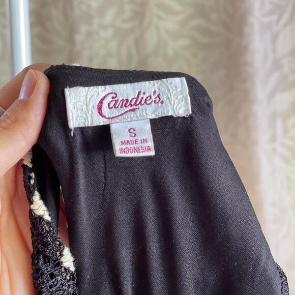 Candie's Y2K Crochet Ivory Black Geometric Pattern Cap Sleeves Mini Dress Size S - Picture 8 of 8